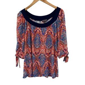 Luxology blue and coral boho print blouse